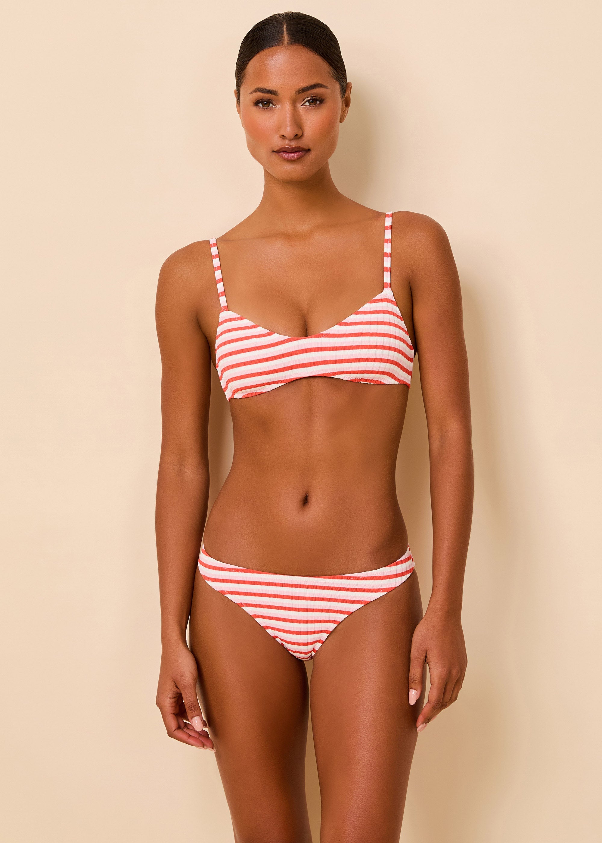 Rachel Luxe Ribbed Bikini Bottom Coral / Carnation / Optic White Stripe